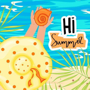 Deniz kenarındaki bir kızla yazlık bir yazı şablonu. Çizgi film tarzı. Vektör illüstrasyonu.