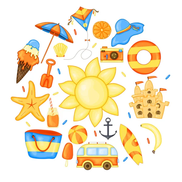Ensemble d'articles d'été pour les vacances. Collection de dessins animés d'été en vecteur . — Image vectorielle