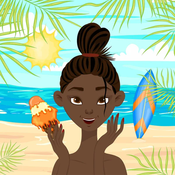 Dark-skinned girl on a summer beach. Cartoon style. Vector illustration. — Stock Vector