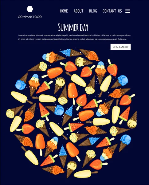 アイスクリームと夏のテンプレートのホームページ。漫画風。ベクターイラスト. — ストックベクタ