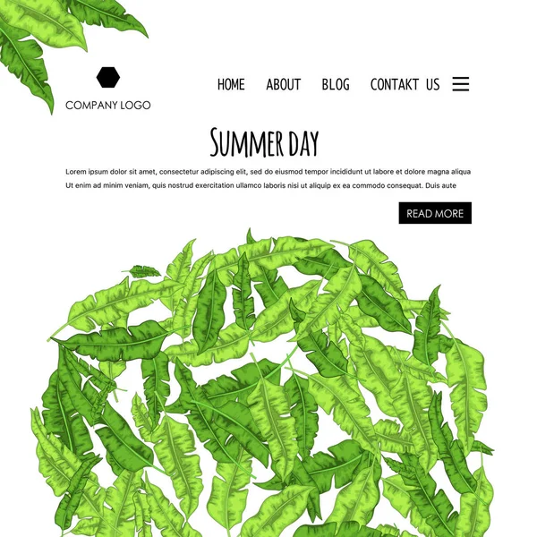 Homepage modello estivo con foglie di palma. Stile cartone animato. Illustrazione vettoriale . — Vettoriale Stock