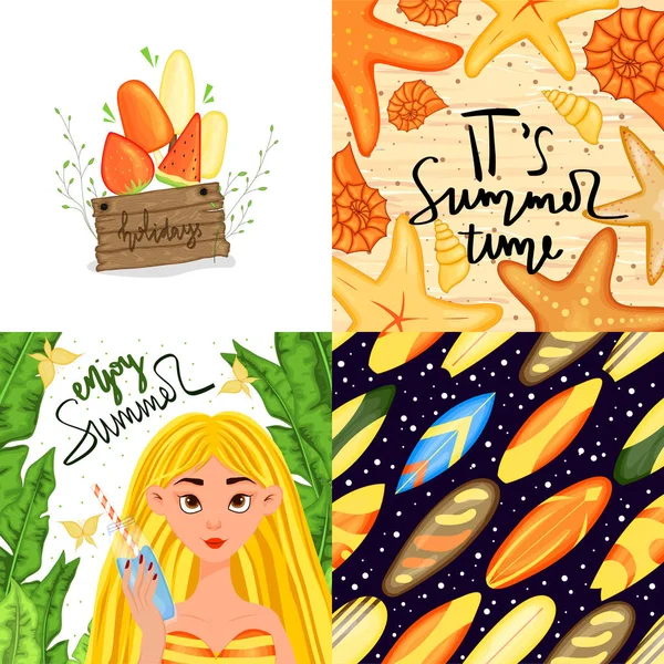 Set of summer template for text and pattern. Cartoon style. Vector illustration. — ストックベクタ