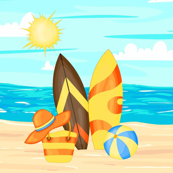 Set con accesorios de playa y tablas de surf. Estilo de dibujos animados. Ilustración vectorial . — Vector de stock