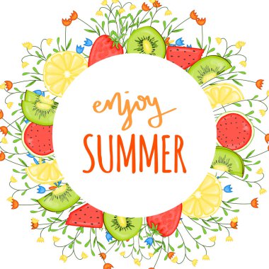 Meyveli yaz tatili. Çizgi film tarzı. Vektör illüstrasyonu.