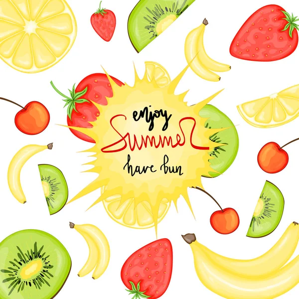 果物と夏のシームレスなパターン。漫画風。ベクターイラスト. — ストックベクタ