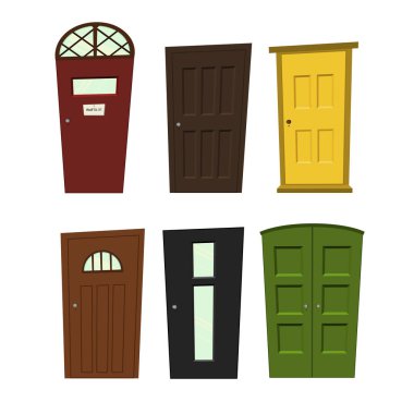 İnşaat ve tasarım için beyaz arka planda kapılar. Çizgi film tarzı. Vektör illüstrasyonu.
