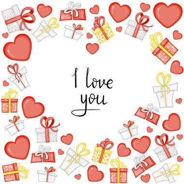 Kalpli sevgililer günü çerçevesi. Çizgi film tarzı. Vektör illüstrasyonu.