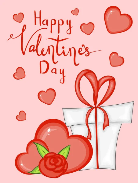 Valentinstag-Karte mit Geschenkbox. Cartoon-Stil. Vektorillustration. — Stockvektor