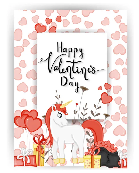 Valentine's Day card with cute unicorn. Cartoon style. Vector illustration. — Stock Vector