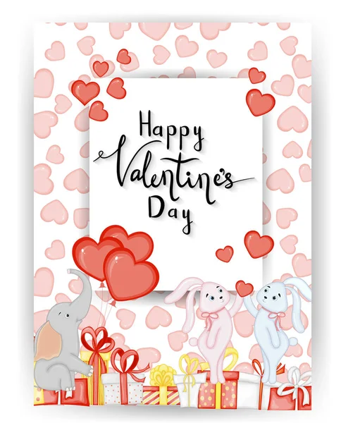 Valentijnskaart met schattige dieren. Cartoon stijl. Vectorillustratie. — Stockvector