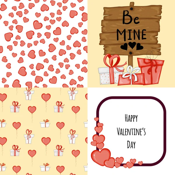 Valentinstag Set mit Postkarte, Muster und Vorlage. Cartoon-Stil. Vektorillustration. — Stockvektor