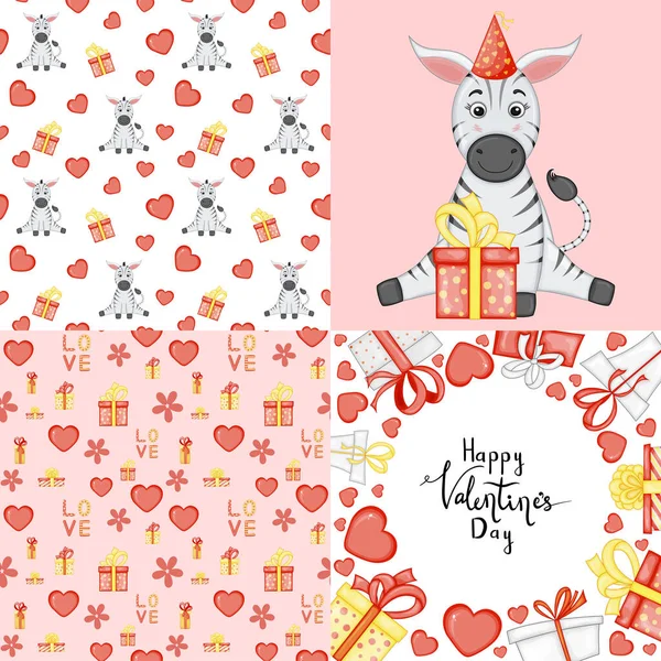 Set San Valentino con cartolina, motivo e modello. Stile cartone animato. Illustrazione vettoriale . — Vettoriale Stock