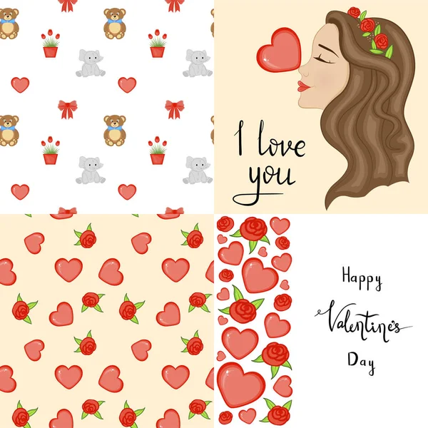 Valentine's Day set with postcard, pattern and template. Cartoon style. Vector illustration. — 스톡 벡터