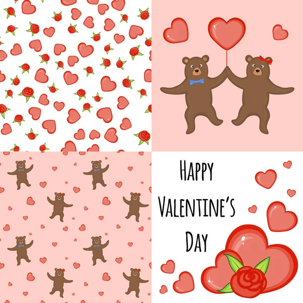 Valentine's Day set with postcard, pattern and template. Cartoon style. Vector illustration. — 스톡 벡터