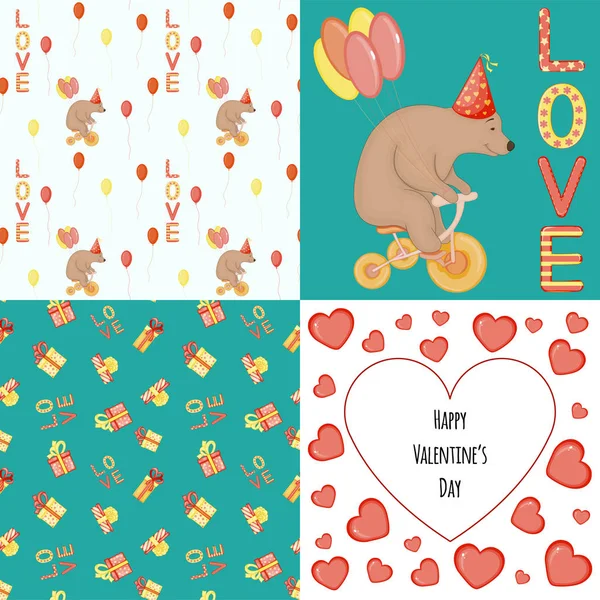 Set San Valentino con cartolina, motivo e modello. Stile cartone animato. Illustrazione vettoriale . — Vettoriale Stock