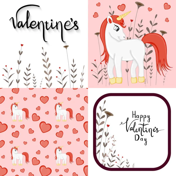 Valentine's Day set with postcard, pattern and template. Cartoon style. Vector illustration. — 스톡 벡터