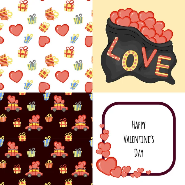 Valentine's Day set with postcard, pattern and template. Cartoon style. Vector illustration. — 스톡 벡터