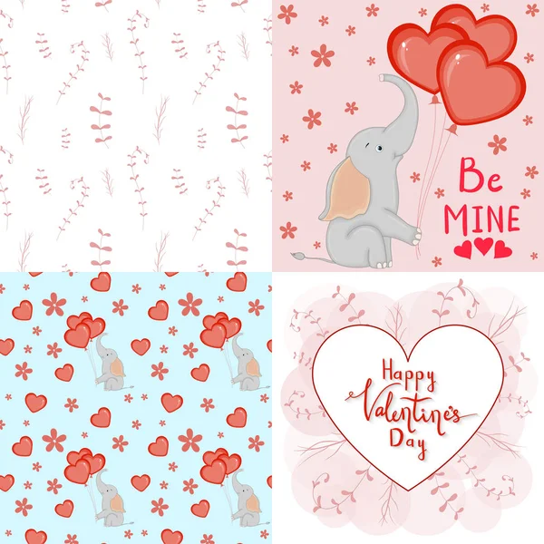 Valentine's Day set with postcard, pattern and template. Cartoon style. Vector illustration.