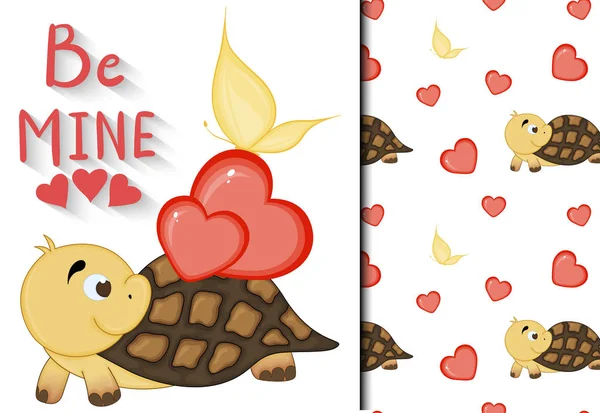 かわいい亀とバレンタインデーのパターンとポストカードのセット。漫画風。ベクターイラスト. — ストックベクタ