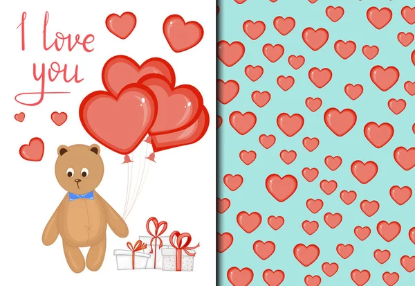 Dia dos Namorados conjunto de padrão e cartão postal com um urso de pelúcia bonito. Estilo dos desenhos animados. Ilustração vetorial . — Vetor de Stock