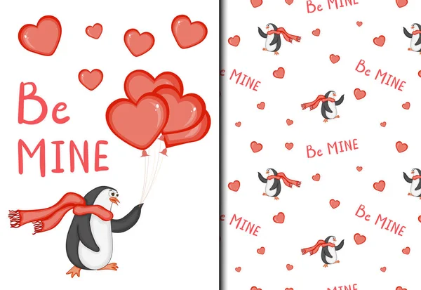 かわいいペンギンとバレンタインデーのパターンとポストカードのセット。漫画風。ベクターイラスト. — ストックベクタ