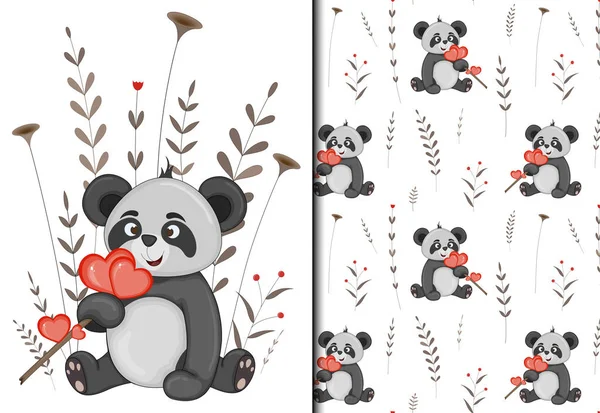 Valentinstag-Set mit Muster und Postkarte mit niedlichem Panda. Cartoon-Stil. Vektorillustration. — Stockvektor