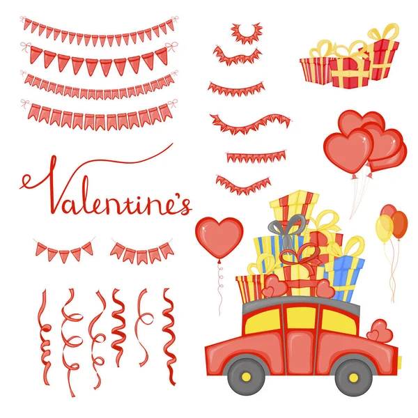 Valentine's Day set of holiday objects. Cartoon style. Vector illustration. — 스톡 벡터