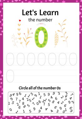 Çocuk oyunu. Sıfır sayısını öğrenelim. Çizgi film tarzı. Vektör illüstrasyonu.