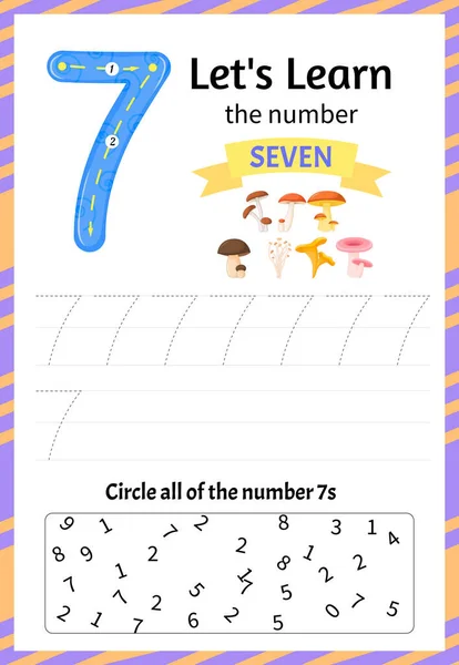 Gioco per bambini consente di imparare il numero sette. Stile cartone animato. Illustrazione vettoriale . — Vettoriale Stock