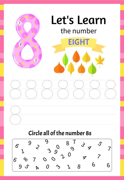 Jeu pour enfants permet d'apprendre le numéro huit. Cartoon style. Illustration vectorielle . — Image vectorielle