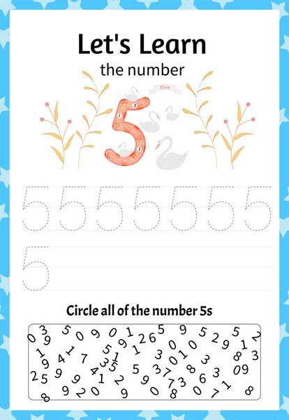 Jogo infantil vamos aprender o número cinco. Estilo dos desenhos animados. Ilustração vetorial . —  Vetores de Stock