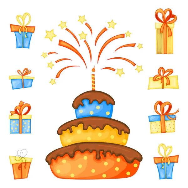 Set d'anniversaire pour carte de vœux ou flyer avec gâteau et coffrets cadeaux. Cartoon style. Vecteur . — Image vectorielle