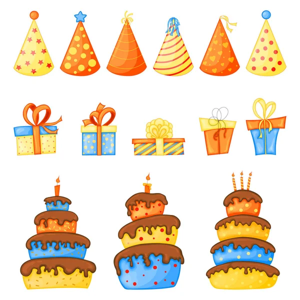 Набор на день рождения для праздничной открытки или флаера с тортами, кепками и подарочными коробками. Карикатурный стиль. Вектор . — стоковый вектор