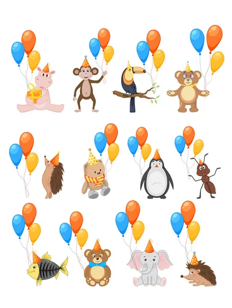 Partido colorido conjunto con animales lindos y globos sobre un fondo blanco. Evento de celebración Feliz cumpleaños. Multicolor. Vector . — Vector de stock