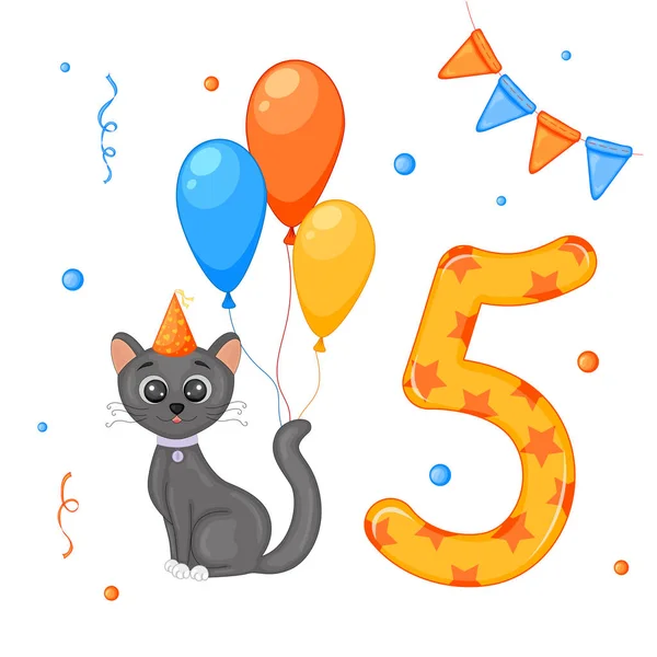 Coffret anniversaire avec chat et numéro cinq. Cartoon style. Vecteur . — Image vectorielle