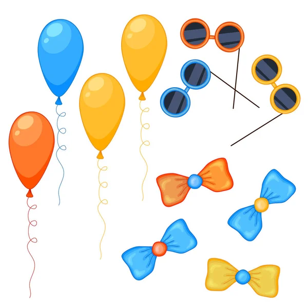 Balões, copos e arcos para máscaras em um fundo branco. Coleção de aniversário — Vetor de Stock