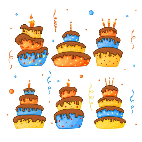 Cartoon cake illustration with candle. Happy birhday. set. — 图库矢量图片