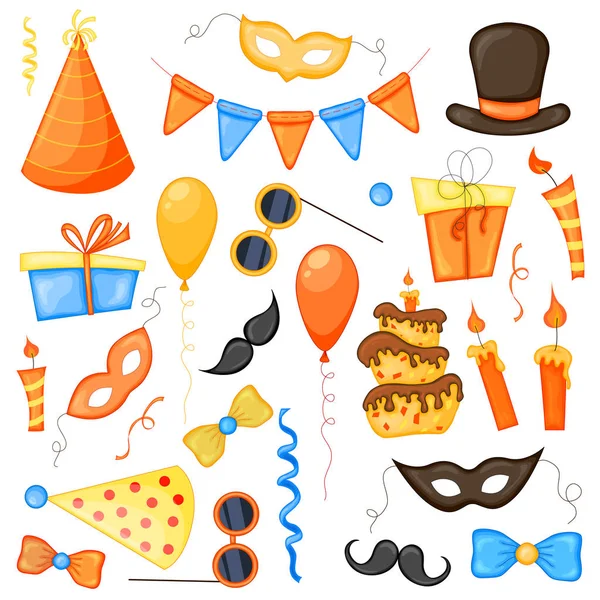 Colorful Party set of items on a white background. Celebration Event Happy Birthday. Multicolored. Vector. — Stock Vector