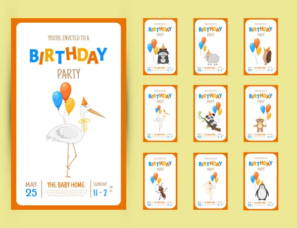 Cartão de convite colorido do partido com uns animais bonitos em um fundo branco. Evento de celebração Feliz Aniversário. Multicolorida. Vetor . — Vetor de Stock