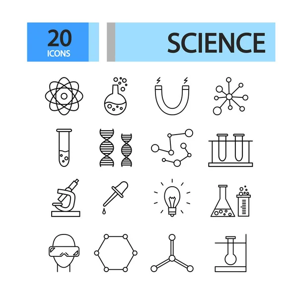 Reeks line science iconen. Cartoon stijl. Vectorillustratie. — Stockvector