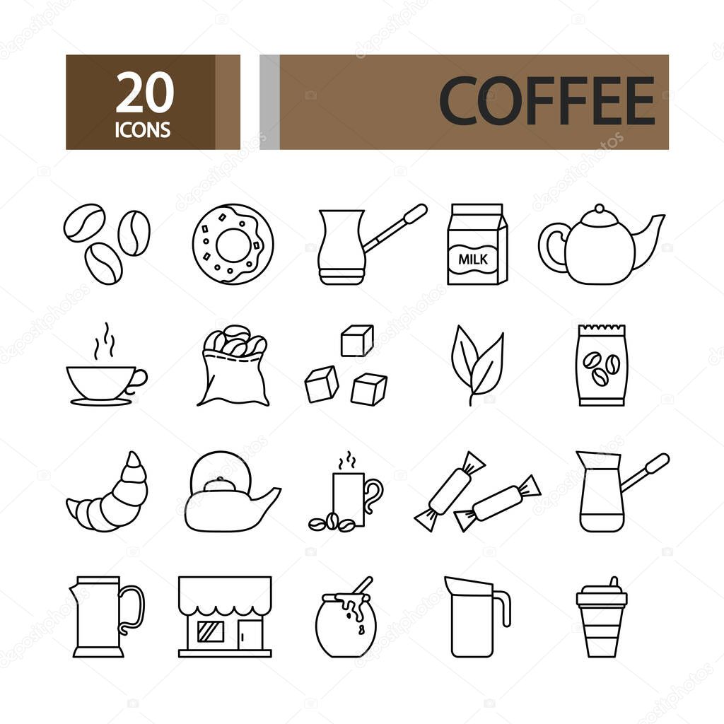 Set of line coffee icons. Cartoon style. Vector illustration.