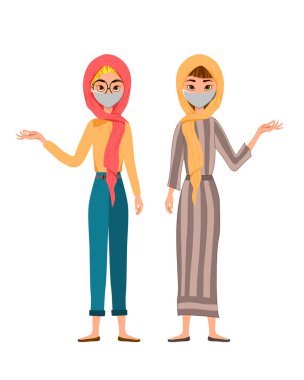 Beyaz arka planda izole edilmiş maske takan şirin bir Arap ve Müslüman aile karakterinin vektör çizimi