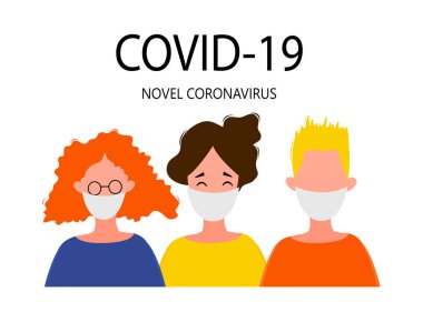 Beyaz bir arka planda izole edilmiş maskeli erkek ve kadın portreleri. Coronavirus 2019-nCoV salgını. Salgın hastalık konsepti. Vektör düz resimleme