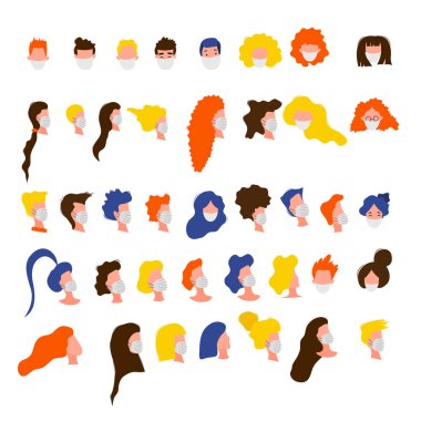 Beyaz bir arka planda izole edilmiş maskeli erkek ve kadın portreleri. Coronavirus 2019-nCoV salgını. Salgın hastalık konsepti. Vektör düz resimleme.