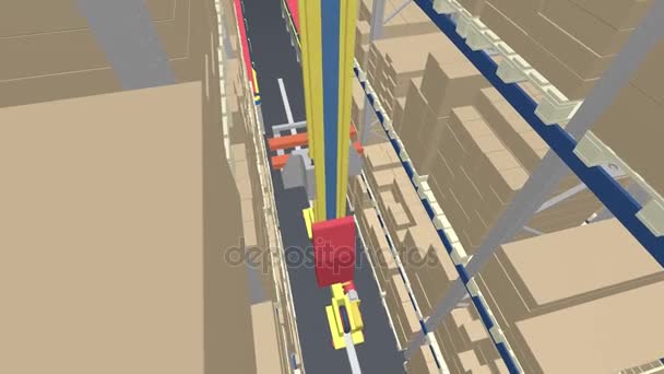 Le robot chargeur prend les marchandises de l'emplacement de stockage dans l'entrepôt 