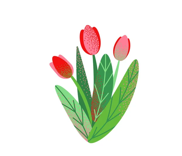 Frühling Garten Blumenstrauß Vektor Hintergrund mit Tulpen isoliert auf weiß. Grafische Illustration von Natur-Buschpflanzen im einfachen flachen Stil mit Punktetextur-Effekt — Stockvektor