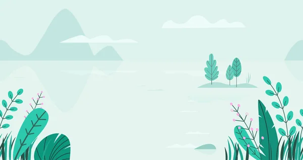 Fondo plano vectorial de paisaje primaveral con árboles mínimos, lago, montañas, flores, hierba. Fantasía naturaleza sin fisuras frontera. ilustración de dibujos animados de verano — Archivo Imágenes Vectoriales