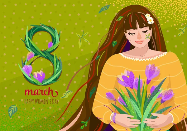 8 Março de fundo vetor saudação. Projeto de cartão de celebração feliz dia das mulheres com linda menina bonito segurar buquê de flores de croco em suas mãos. Big oito com grama floral, sinal de texto — Vetor de Stock