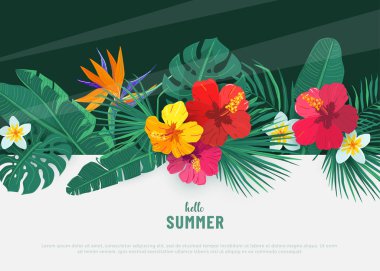 Yaz tropikal vektör arka planı. Egzotik amber çiçeği ve palmiye yapraklı düz geometrik tropik tasarım. Bahar duvarı sınır çizimi