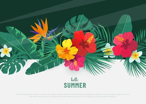 Fondo vectorial tropical de verano. Diseño plano geométrico trópico con flores de hibisco exóticas y hojas de palma. Primavera pared floral borde ilustración — Vector de stock